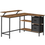 VASAGLE L-alakú íróasztal, monitortartóval, 2 polccal és 2 fiókkal, 105x135x76 cm, rusztikus barna