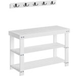 SONGMICS Multifunkcionális előszobagarnitúra cipőpaddal és akasztóval, bambuszból, 29x70x45 cm, fehér