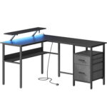 VASAGLE L-alakú íróasztal monitorállvánnyal, polccal és 2 fiókkal, 4 aljzattal és 2 USB-porttal, 120x150x76 cm, fekete