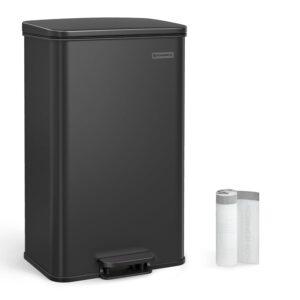 SONGMICS Cos de gunoi din otel, cu pedala si soft-close, saci gunoi inclusi, 40 litri, negru