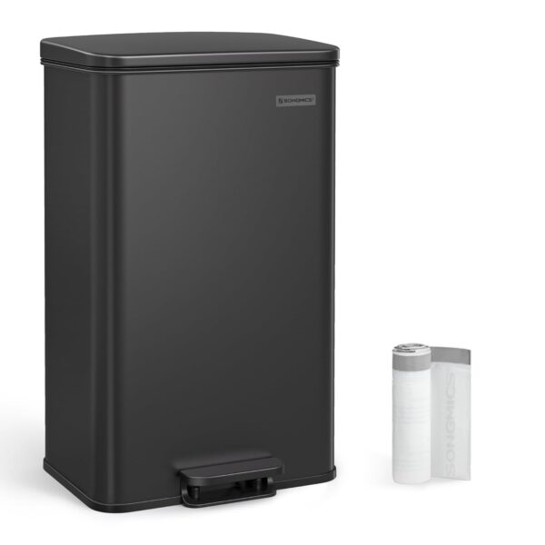 SONGMICS Cos de gunoi din otel, cu pedala si soft-close, saci gunoi inclusi, 40 litri, negru