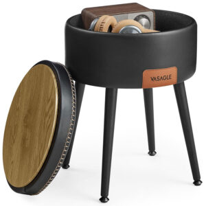 VASAGLE Sámli tárolóhellyel, PU kárpitozás, 2 oldal, átmérő 32 cm, fekete