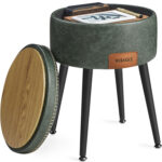 VASAGLE Taburet cu spatiu de depozitare, tapitat PU, cu 2 fete, diametru 32 cm, verde