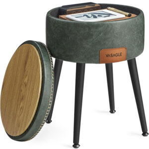 VASAGLE Taburet cu spatiu de depozitare, tapitat PU, cu 2 fete, diametru 32 cm, verde