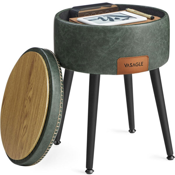 VASAGLE Taburet cu spatiu de depozitare, tapitat PU, cu 2 fete, diametru 32 cm, verde
