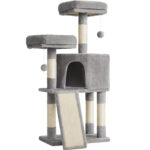 FEANDREA Ansamblu de joaca pisici, tip copac, cu 2 culcusuri si ascunzatoare, 50x35x115 cm, gri deschis