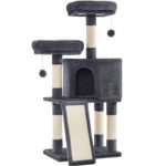 FEANDREA Ansamblu de joaca pisici, tip copac, cu 2 culcusuri si ascunzatoare, 50x35x115 cm, gri inchis
