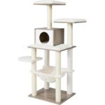 FEANDREA Macskajátszó készlet, fa típusú, ágyakkal, búvókkal és függőággyal, 55x45x138 cm, fehér és szürke