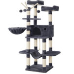 FEANDREA Macskafa, mászófa cicáknak, 3 fekvőhellyel, búvóval és függőággyal, 50x50x164 cm, szürke