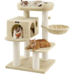 FEANDREA Ansamblu de joaca pisici, tip copac, 2 culcusuri, ascunzatoare, 70x60x112 cm, gri