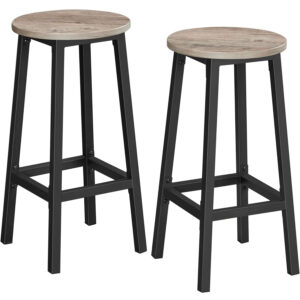 VASAGLE Set 2 scaune bar inalte, sezut rotund, cadru din otel, inaltime 65 cm, stil industrial, gri