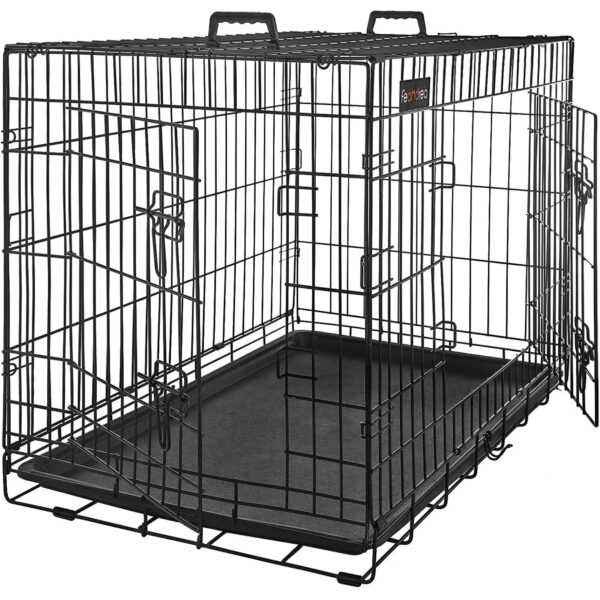 FEANDREA Cusca pentru animale, 2 usi, pliabila din metal, perete separator si tava detasabile, XL, 107x70x78cm, negru