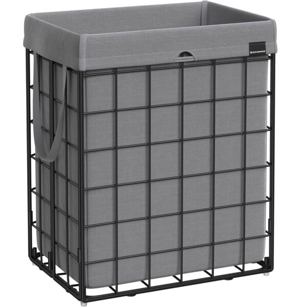 SONGMICS Összecsukható szennyeskosár fém kerettel, kivehető és mosható táskával, 90L, 48x33x58cm, fekete-szürke