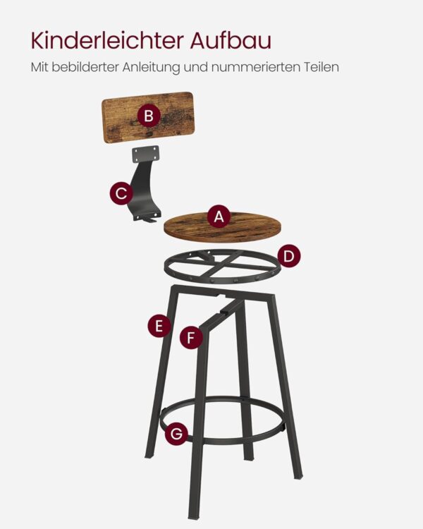 VASAGLE Set de 2 scaune de bar inalte cu spatar, cadru din otel, industrial, 51x89cm, maro rustic - Image 10