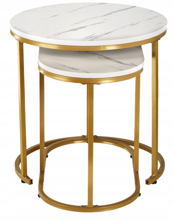Set 2 mese pentru cafea, cadru otel, blat MDF model marmura, 50x50x50 cm si 60x32x44 cm, alb si auriu - Image 4