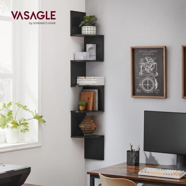 VASAGLE Lebegő sarokpolc 5 szinten, fa, 20x20x128cm, fekete - Image 2
