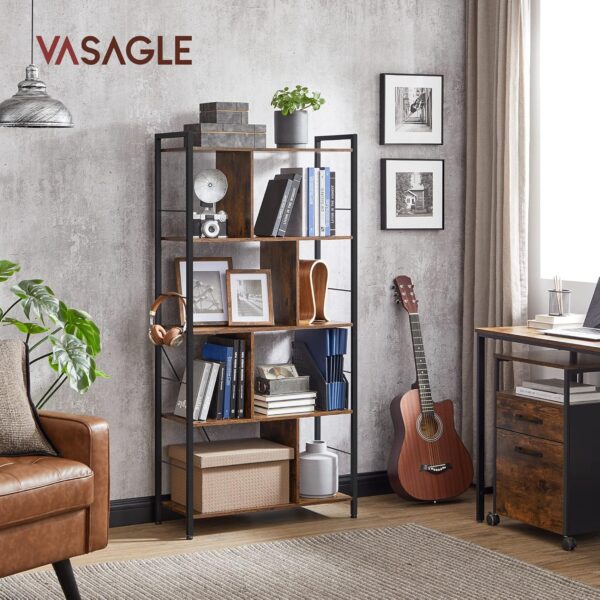 VASAGLE Fa könyvespolc 5 szintes, ipari stílusú, 30x74x150cm, rusztikus barna - Image 2