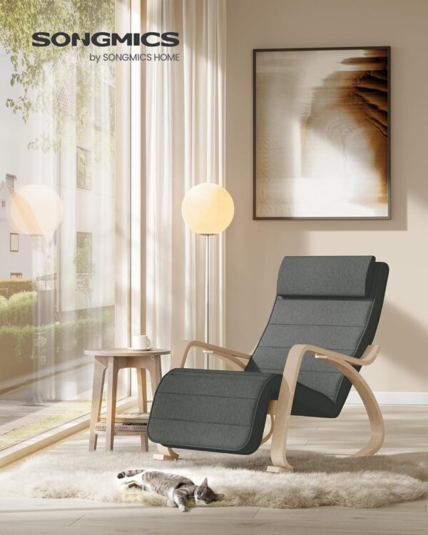 SONGMICS Scaun balansoar din lemn, suport picioare reglabil, maxim 150kg, 67x122x84 cm, gri inchis - Image 2