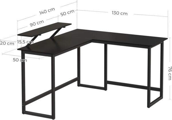 VASAGLE L alakú íróasztal monitor állvánnyal, fém kerettel, 140x130x76cm, fekete - Image 2