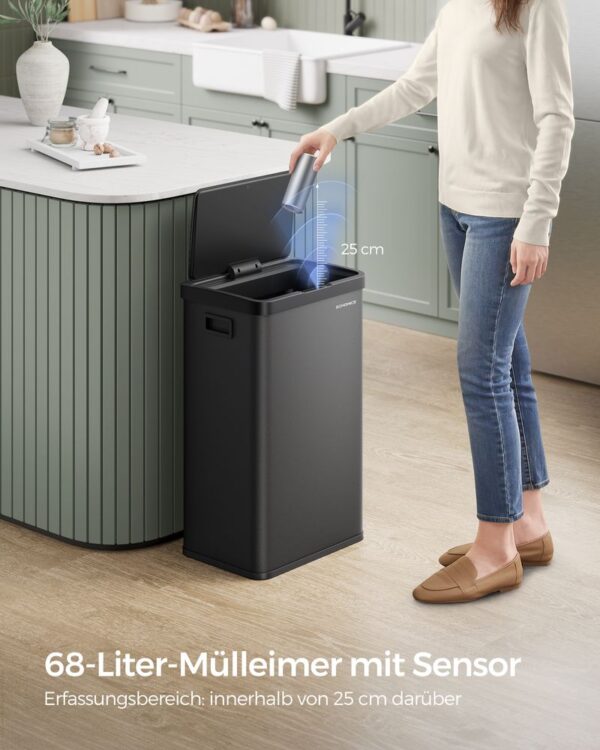 SONGMICS Cos de gunoi din inox, cu senzor si soft-close, 68 litri, 41x30x67 cm, negru - Image 2