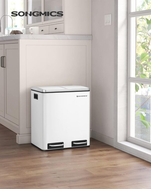 SONGMICS Cos de gunoi din inox cu 2 compartimente colectare selectiva, cu galeti interioare, 2x15litri, alb - Image 7