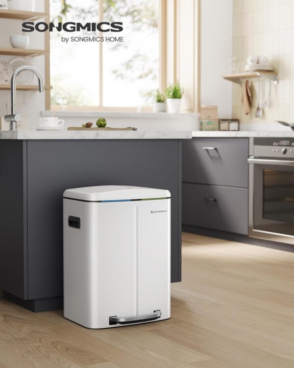 SONGMICS Cos de gunoi din inox cu 2 galeti interioare, colectare selectiva, 2x20 litri, alb - Image 2