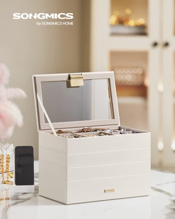 SONGMICS Cutie de bijuterii cu 4 nivele detasabile, MDF si PU, capac sticla, 17x28x18 cm, alb - Image 8