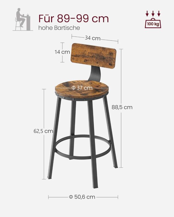 VASAGLE Set de 2 scaune de bar inalte cu spatar, cadru din otel, industrial, 51x89cm, maro rustic - Image 3