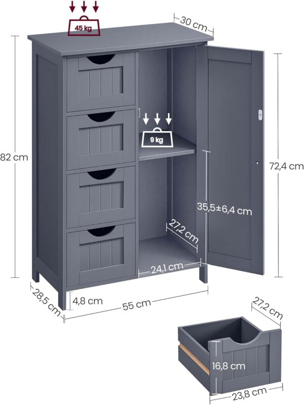VASAGLE Fürdőszoba szekrény, MDF-ből, 4 fiókos, állítható polccal, 30x55x82 cm, szürke - Image 3