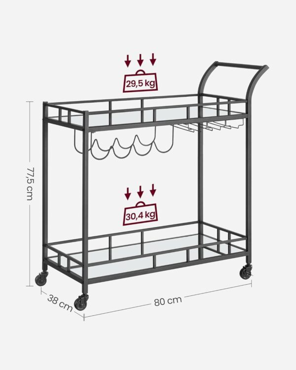 VASAGLE Carucior de servire pentru vin, suport sticle si pahare, cu 2 rafturi din sticla, 38x86x90 cm, negru - Image 3