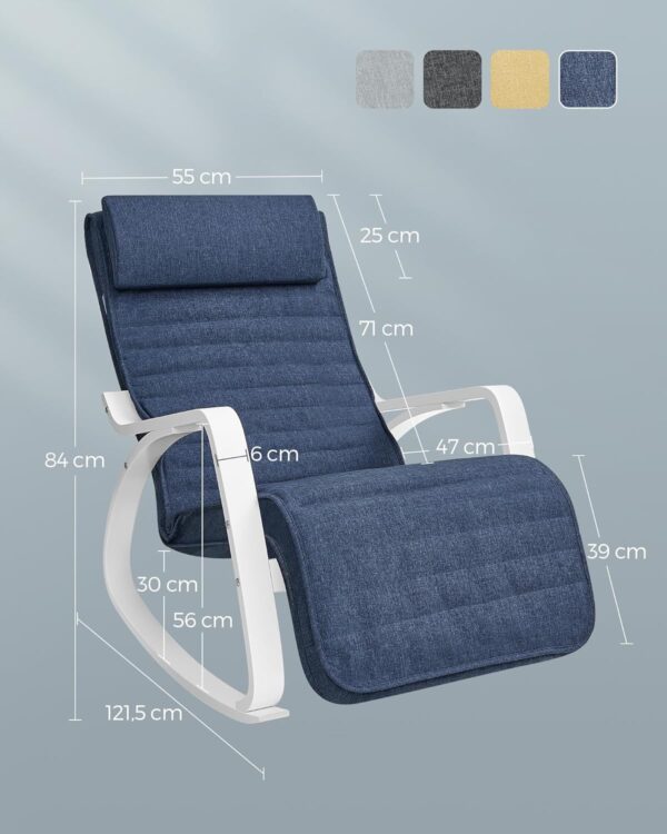 SONGMICS Scaun balansoar din lemn, suport picioare reglabil, maxim 150kg, 67x122x84 cm, albastru - Image 3