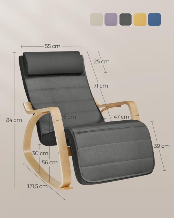 SONGMICS Scaun balansoar din lemn, suport picioare reglabil, maxim 150kg, 67x122x84 cm, gri inchis - Image 3