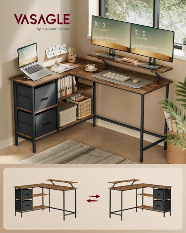 VASAGLE Birou in forma de L, suport monitor, 2 rafturi si 2 sertare, 105x135x76 cm, maro rustic - Image 3