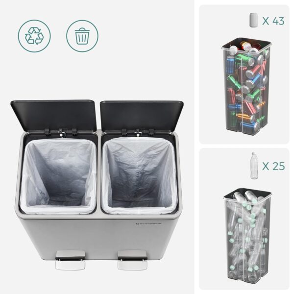 SONGMICS Rozsdamentes szemetes 2 rekeszes szelektív gyűjtéssel, belső vödrökkel, 2x30 literes, ezüst - Image 3