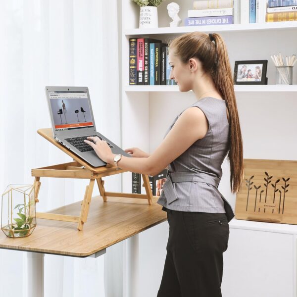 SONGMICS Masa de pat pentru laptop, plabila si reglabila, bambus, 55x35x29 cm, maro - Image 3