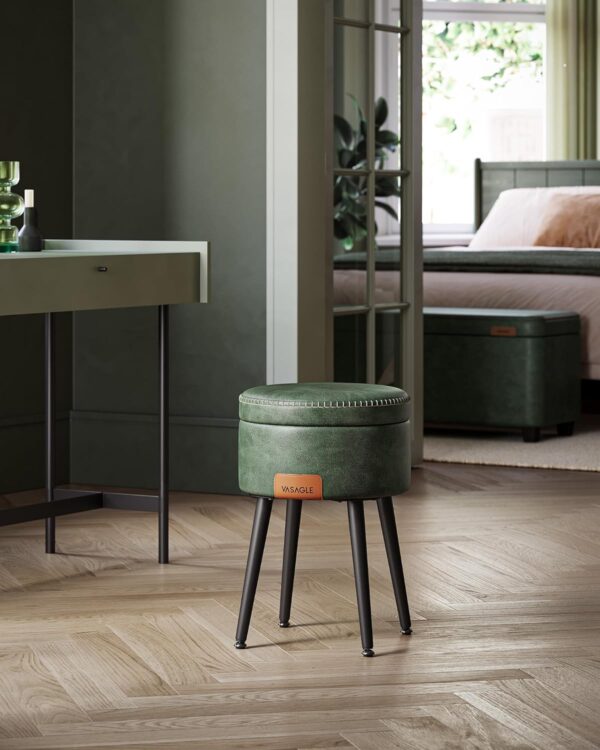 VASAGLE Taburet cu spatiu de depozitare, tapitat PU, cu 2 fete, diametru 32 cm, verde - Image 3