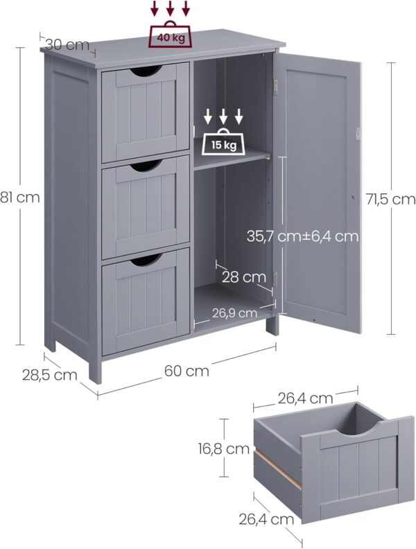 VASAGLE Fürdőszoba szekrény, MDF-ből, 3 fiókkal, állítható polccal, 30x60x81cm, szürke - Image 3