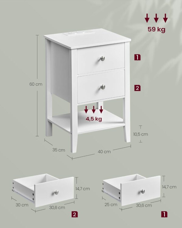 Újrazárva: VASAGLE bambusz éjjeliszekrény, 2 fiókkal, 2 aljzattal és 2 USB-vel, 35x40x60 cm, fehér - Image 4