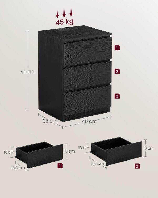 VASAGLE Set de 2 noptiere, cu sertare, 2 prize si 2 USB, 35x40x59 cm, negru - Image 3