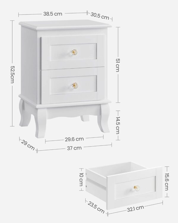 VASAGLE Set de 2 noptiere din MDF, cu sertare, 39x31x53 cm, alb - Image 3
