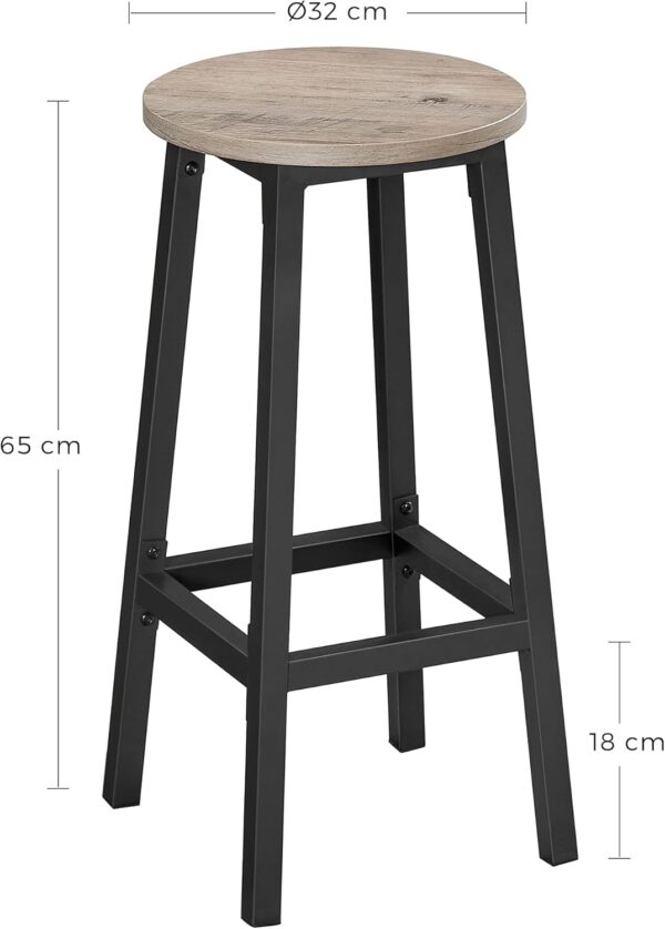 VASAGLE Set 2 scaune bar inalte, sezut rotund, cadru din otel, inaltime 65 cm, stil industrial, gri - Image 3