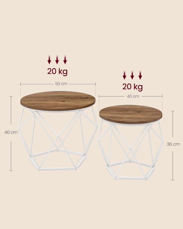 VASAGLE 2 db kerek dohányzóasztal készlet, acél vázzal és levehető tetővel, 40 cm és 50 cm, fehér és barna - Image 3