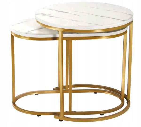 Set 2 mese pentru cafea, cadru otel, blat MDF model marmura, 50x50x50 cm si 60x32x44 cm, alb si auriu - Image 6