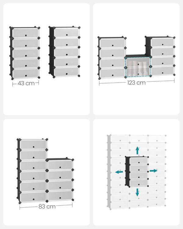 SONGMICS Dulap de depozitare pantofi modular, configurabil cu 10 compartimente, 43x31x173 cm, negru - Image 4