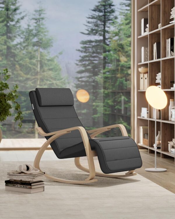 SONGMICS Scaun balansoar din lemn, suport picioare reglabil, maxim 150kg, 67x122x84 cm, gri inchis - Image 4