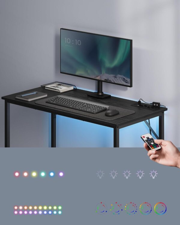 VASAGLE Íróasztal LED világítással, beépített aljzat, 2 USB, 50x100x76 cm, fekete - Image 2