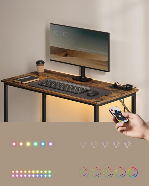 VASAGLE Birou cu iluminare LED, priza incorporata, 2 USB, 50x100x76 cm, maro rustic - Image 3