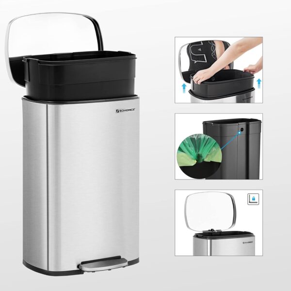 SONGMICS Acél szemetes, pedállal és soft-close, belső vödör, 50 liter, ezüst - Image 4