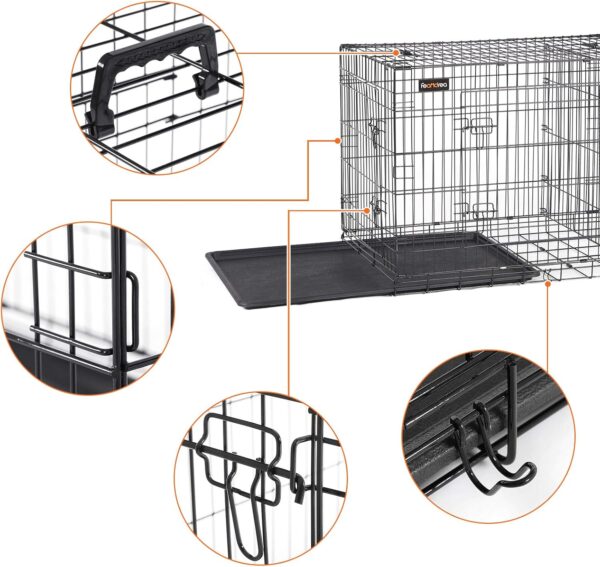 FEANDREA Cusca pentru animale, 2 usi, pliabila din metal, perete separator si tava detasabile, XL, 107x70x78cm, negru - Image 4