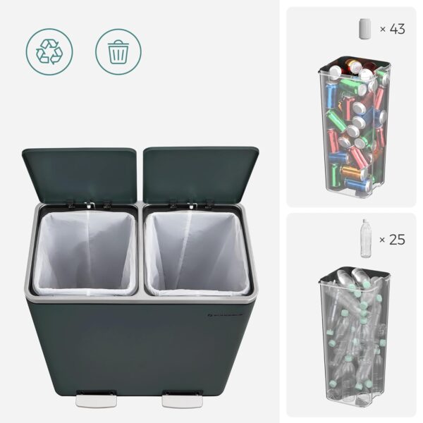 SONGMICS Rozsdamentes szemetes 2 rekeszes szelektív gyűjtéssel, belső vödrökkel, 2x30 literes, sötétszürke - Image 8